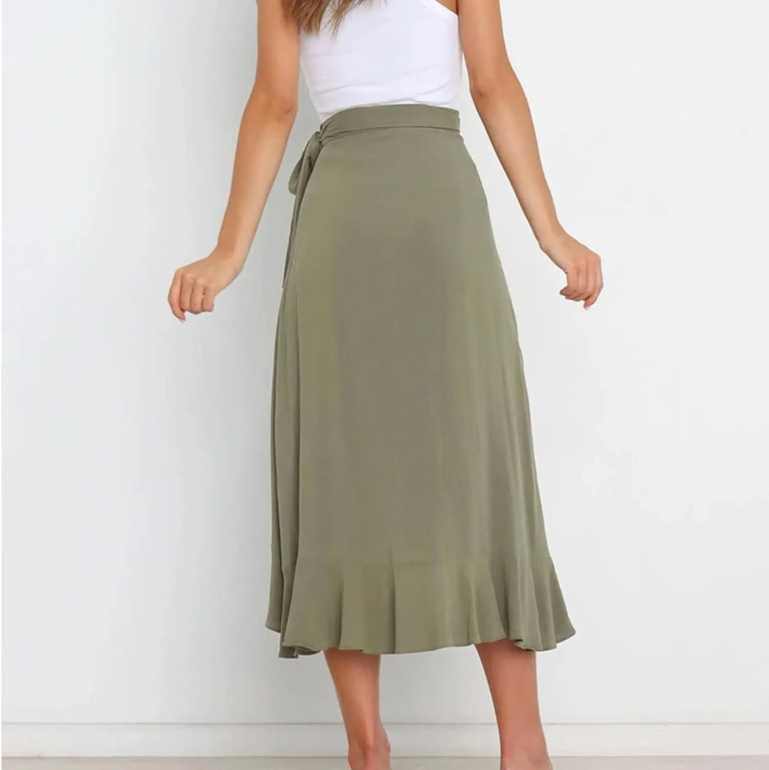 Wrap Skirts for Women Ruffle Midi Skirt Tie Waist Maxi Skirts High Waisted Summer Skirts Flowy Beach Cover Up Skirt