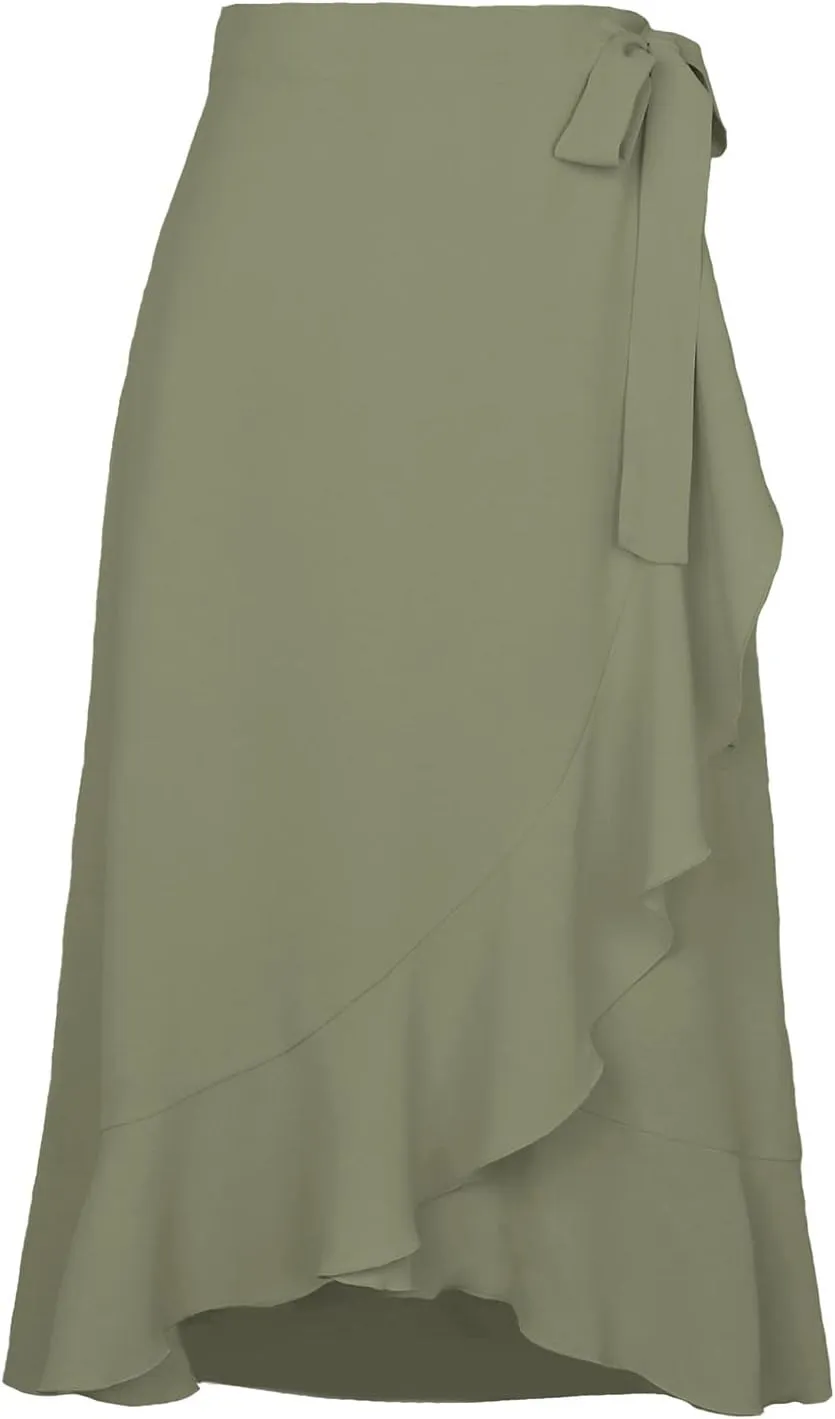 Wrap Skirts for Women Ruffle Midi Skirt Tie Waist Maxi Skirts High Waisted Summer Skirts Flowy Beach Cover Up Skirt