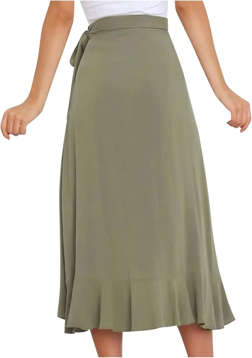 Wrap Skirts for Women Ruffle Midi Skirt Tie Waist Maxi Skirts High Waisted Summer Skirts Flowy Beach Cover Up Skirt