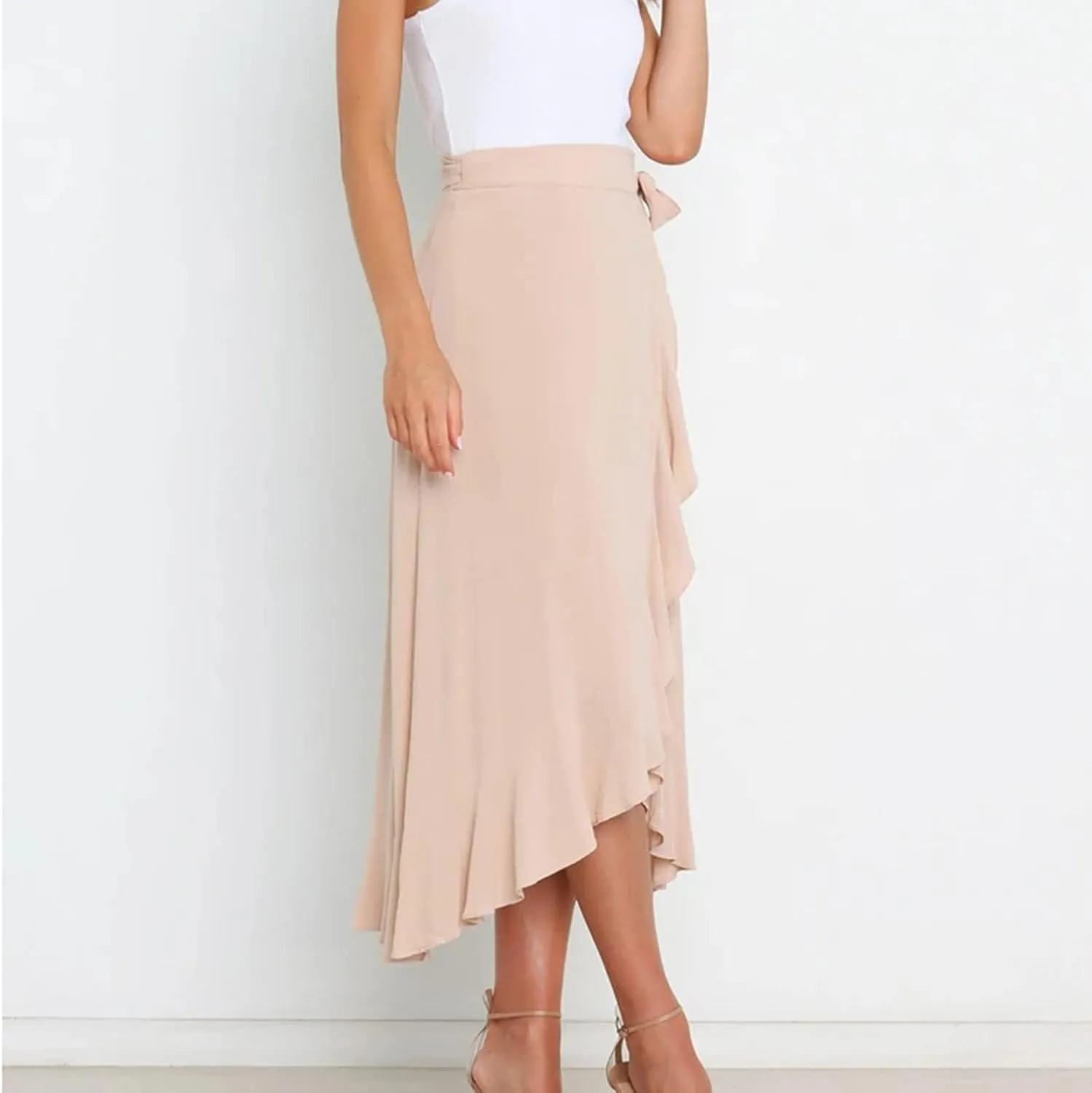Wrap Skirts for Women Ruffle Midi Skirt Tie Waist Maxi Skirts High Waisted Summer Skirts Flowy Beach Cover Up Skirt