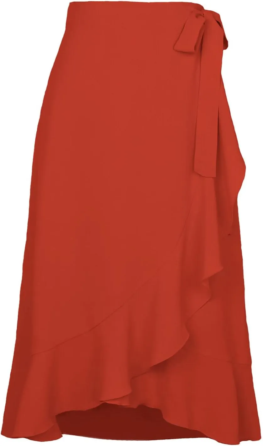 Wrap Skirts for Women Ruffle Midi Skirt Tie Waist Maxi Skirts High Waisted Summer Skirts Flowy Beach Cover Up Skirt