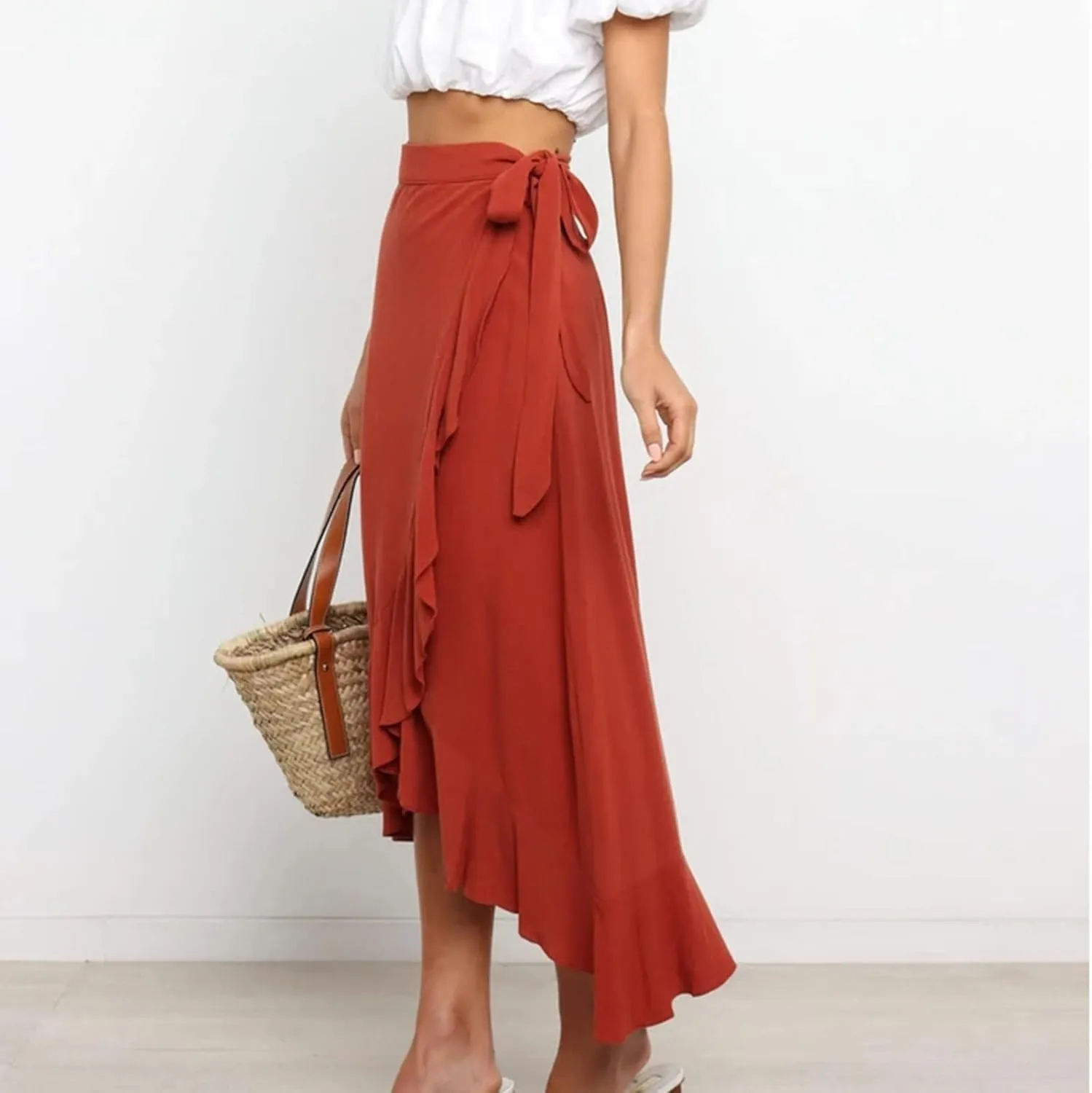 Wrap Skirts for Women Ruffle Midi Skirt Tie Waist Maxi Skirts High Waisted Summer Skirts Flowy Beach Cover Up Skirt