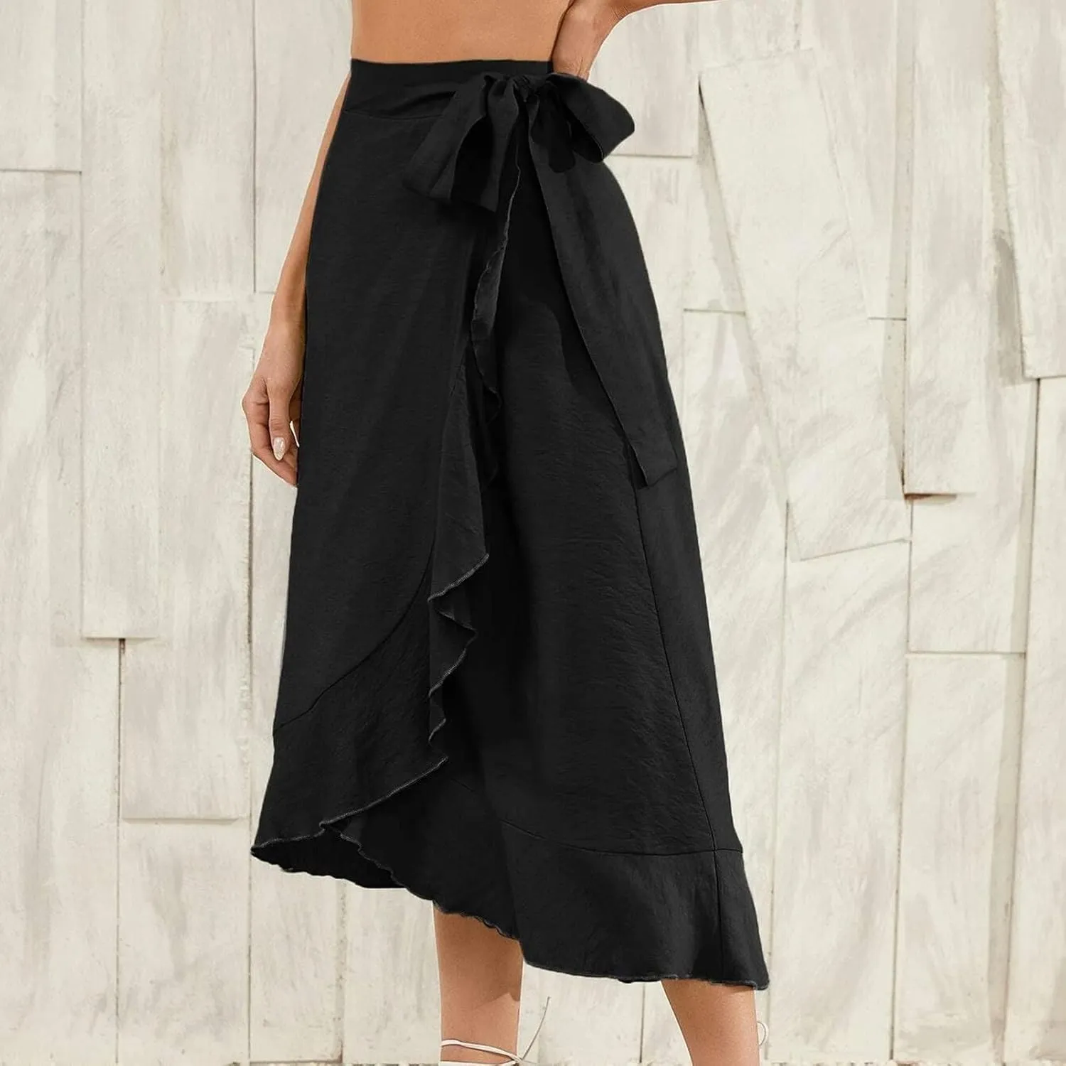 Wrap Skirts for Women Ruffle Midi Skirt Tie Waist Maxi Skirts High Waisted Summer Skirts Flowy Beach Cover Up Skirt