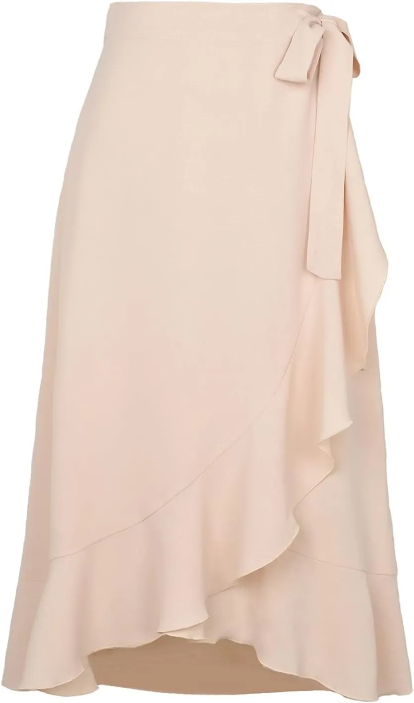 Wrap Skirts for Women Ruffle Midi Skirt Tie Waist Maxi Skirts High Waisted Summer Skirts Flowy Beach Cover Up Skirt