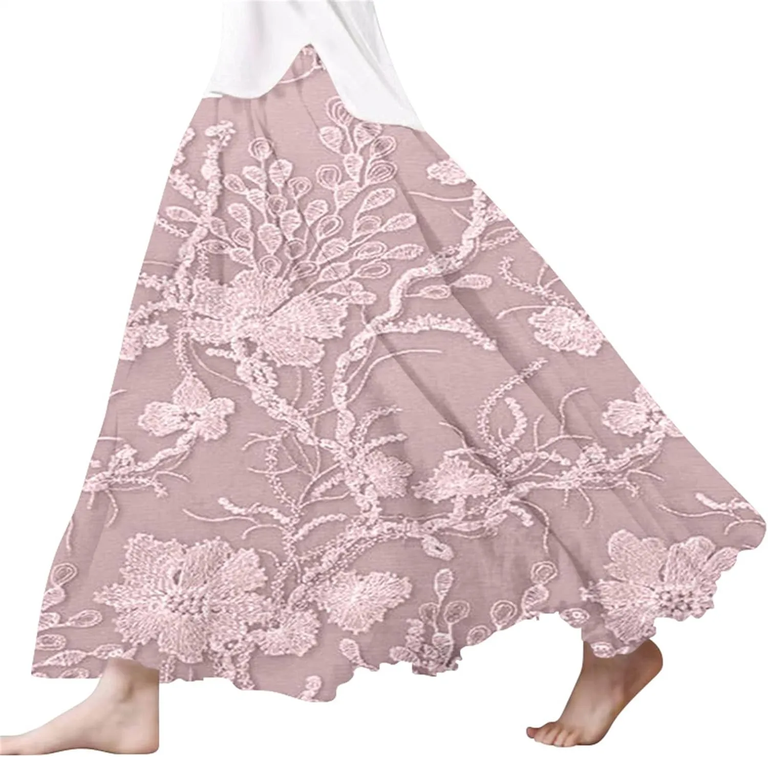 XOWRTE Women's Boho Casual Skirts Summer 2025 Lace Embroidery Elastic Waist Flowy Tiered A-Line Beach Maxi Skirt Swing Cute