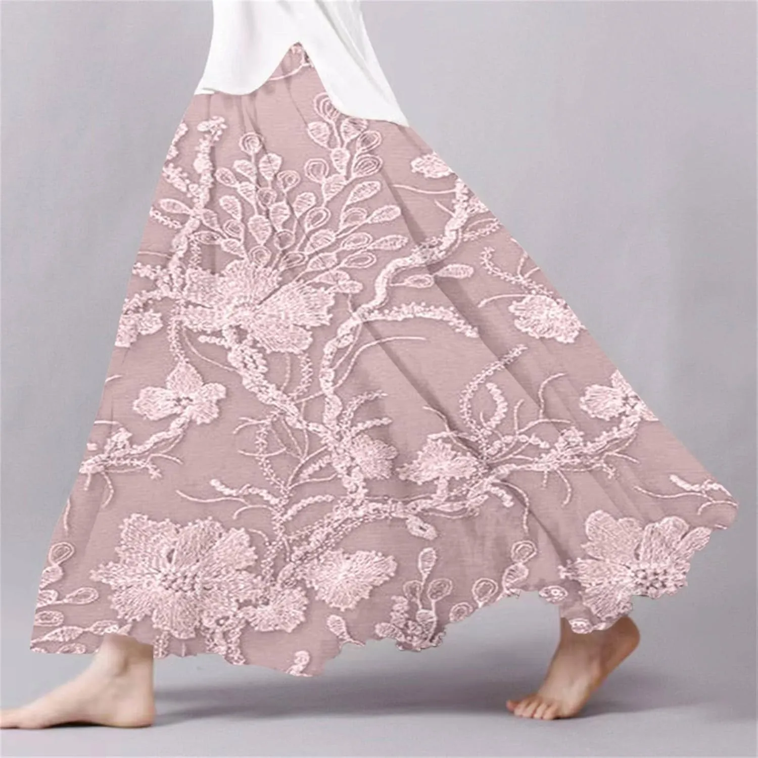 XOWRTE Women's Boho Casual Skirts Summer 2025 Lace Embroidery Elastic Waist Flowy Tiered A-Line Beach Maxi Skirt Swing Cute