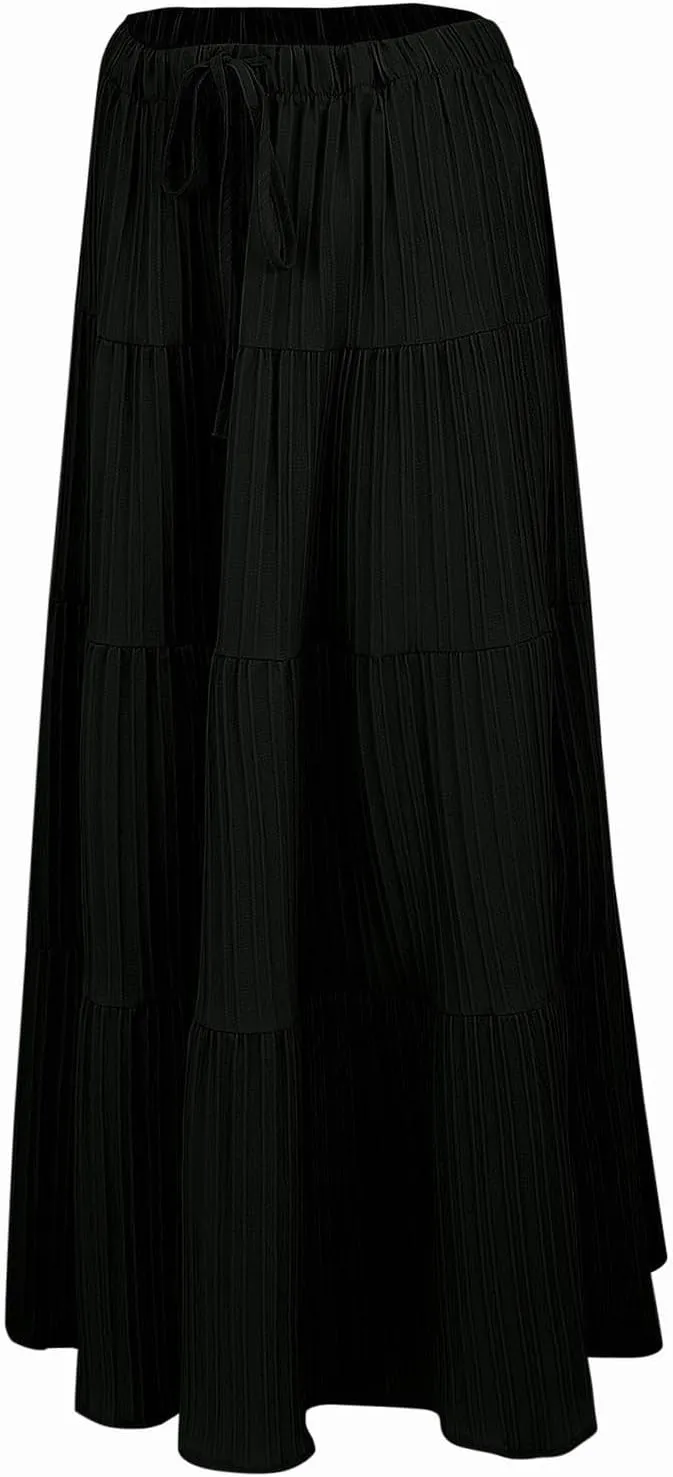 XOWRTE Women's Flowy Flared Ruffle Boho Long Skirt Summer Maxi Skirt A-Line Fashion Trendy Elastic Waist Pleated Beach Dress