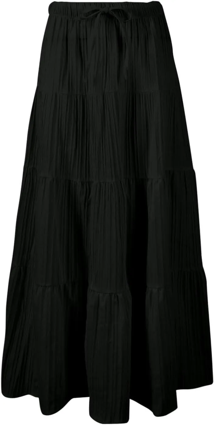 XOWRTE Women's Flowy Flared Ruffle Boho Long Skirt Summer Maxi Skirt A-Line Fashion Trendy Elastic Waist Pleated Beach Dress