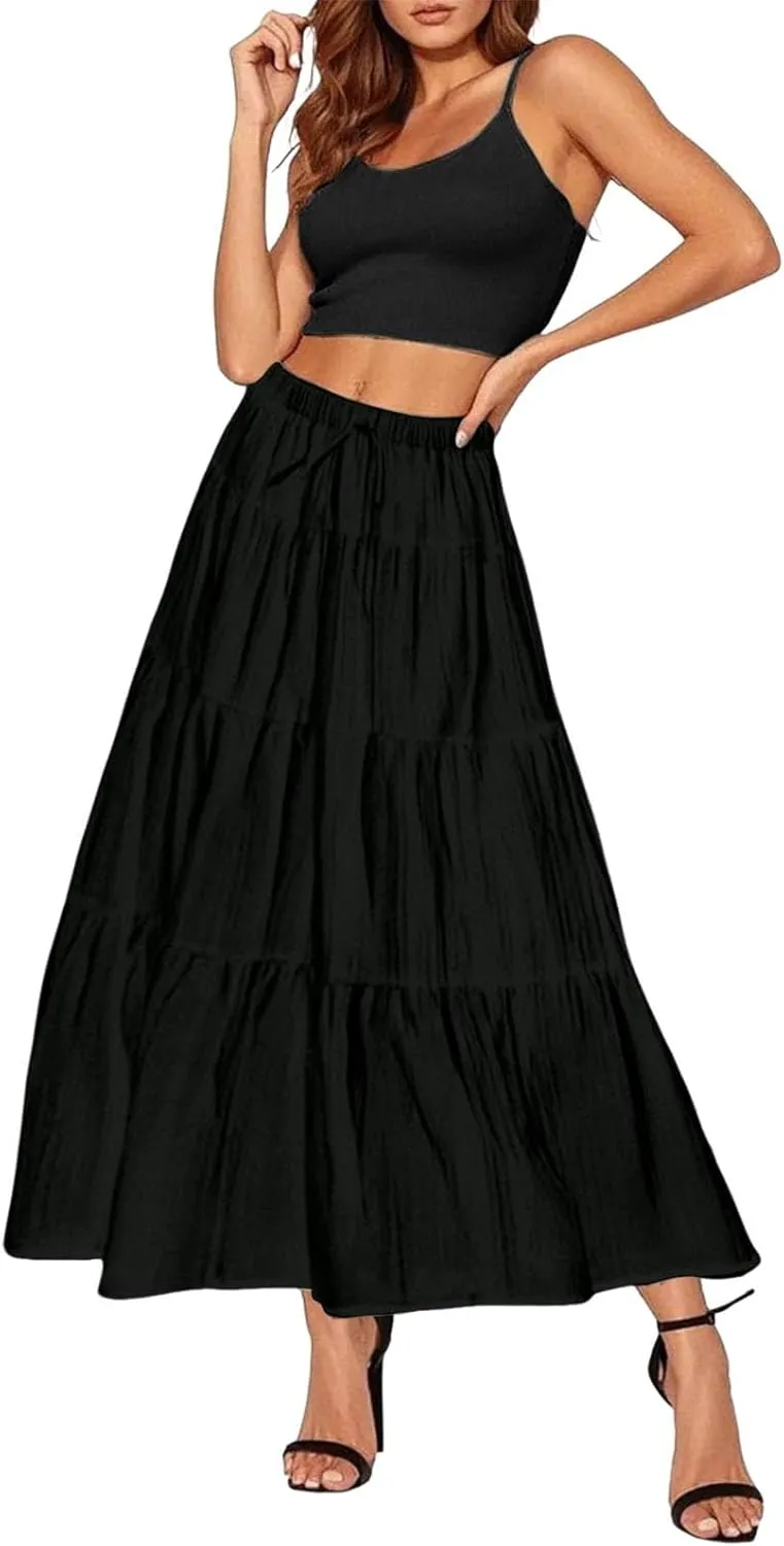 XOWRTE Women's Flowy Flared Ruffle Boho Long Skirt Summer Maxi Skirt A-Line Fashion Trendy Elastic Waist Pleated Beach Dress