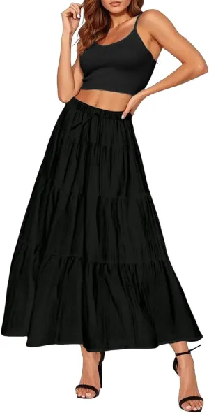 XOWRTE Women's Flowy Flared Ruffle Boho Long Skirt Summer Maxi Skirt A-Line Fashion Trendy Elastic Waist Pleated Beach Dress