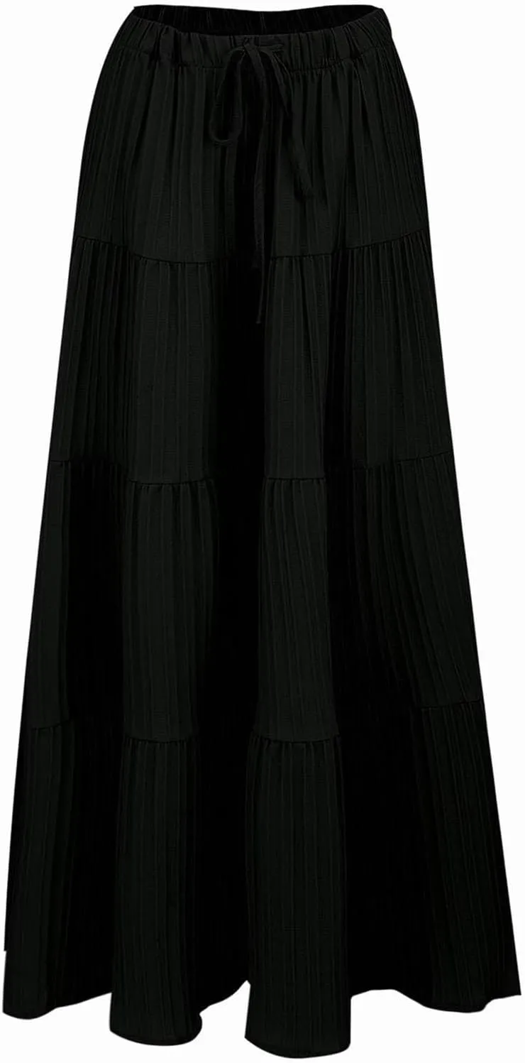XOWRTE Women's Flowy Flared Ruffle Boho Long Skirt Summer Maxi Skirt A-Line Fashion Trendy Elastic Waist Pleated Beach Dress