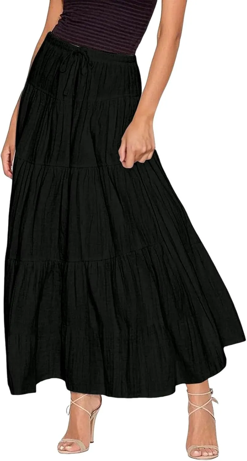 XOWRTE Women's Flowy Flared Ruffle Boho Long Skirt Summer Maxi Skirt A-Line Fashion Trendy Elastic Waist Pleated Beach Dress