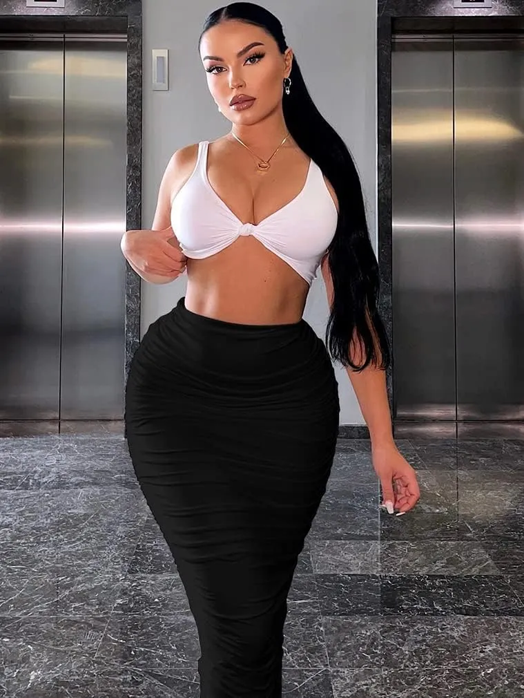 YMDUCH Women's Sexy Bodycon High Waist Stretchy Solid Work Pencil Skirts Dress
