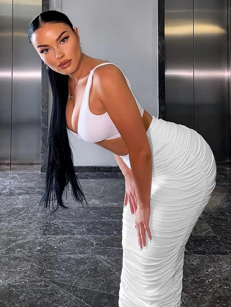 YMDUCH Women's Sexy Bodycon High Waist Stretchy Solid Work Pencil Skirts Dress