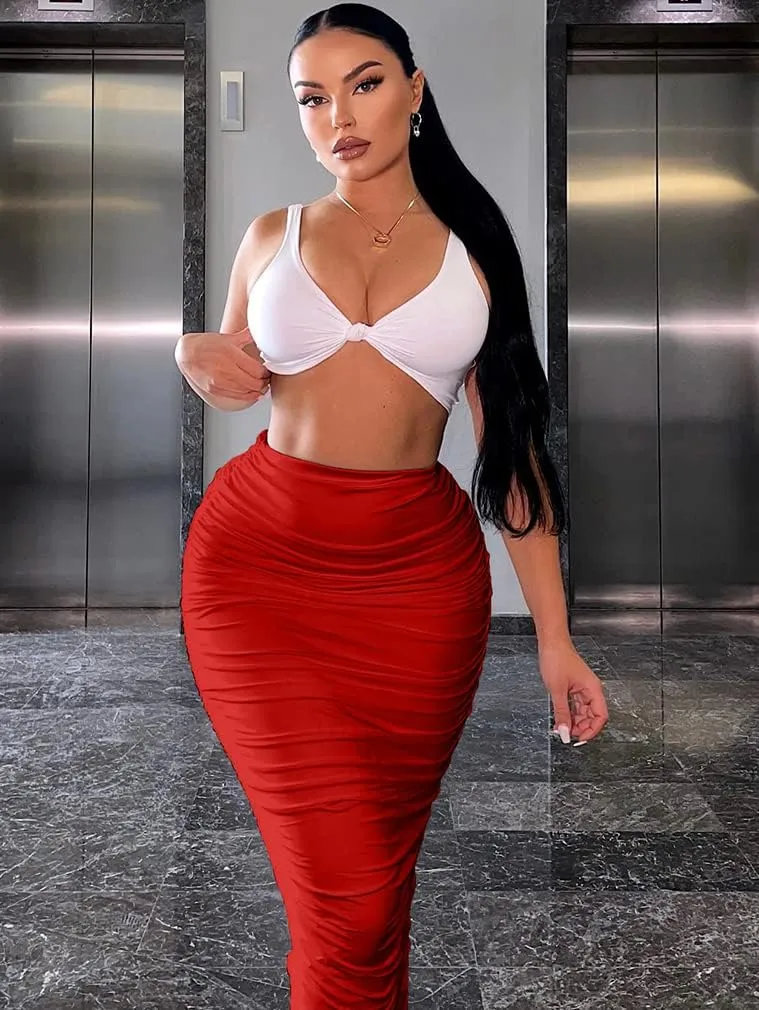 YMDUCH Women's Sexy Bodycon High Waist Stretchy Solid Work Pencil Skirts Dress