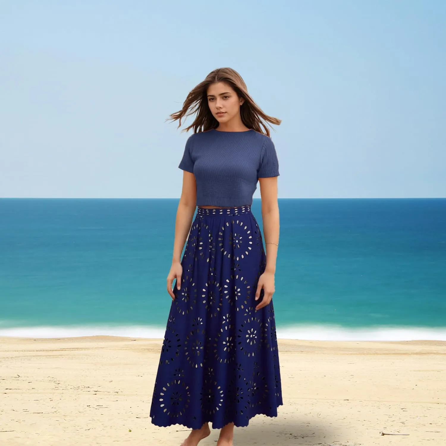 Ypser Eyelet Beach Maxi Skirt A-Line Hollow Out Long Skirt Cover Up for Swimsuits 2025
