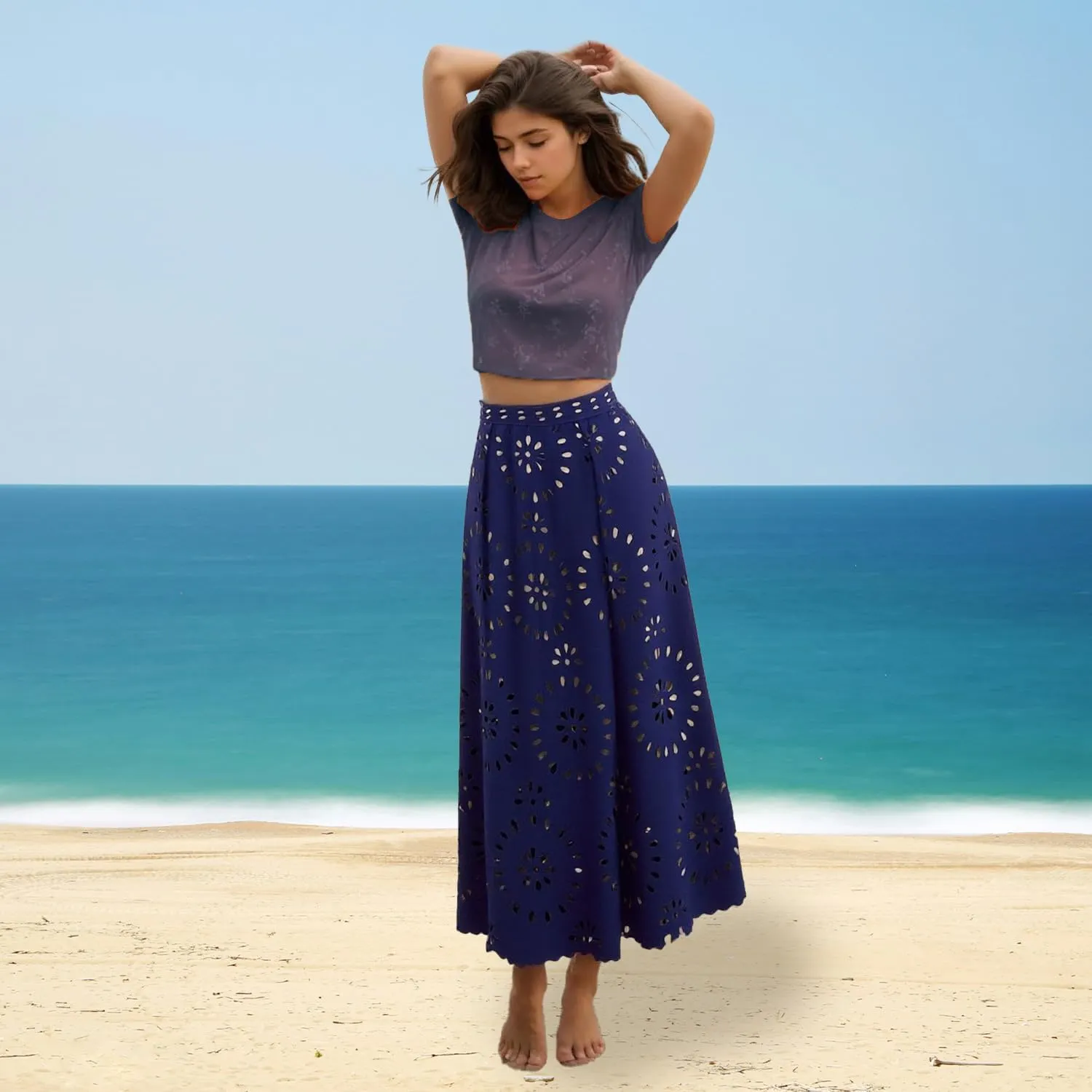 Ypser Eyelet Beach Maxi Skirt A-Line Hollow Out Long Skirt Cover Up for Swimsuits 2025