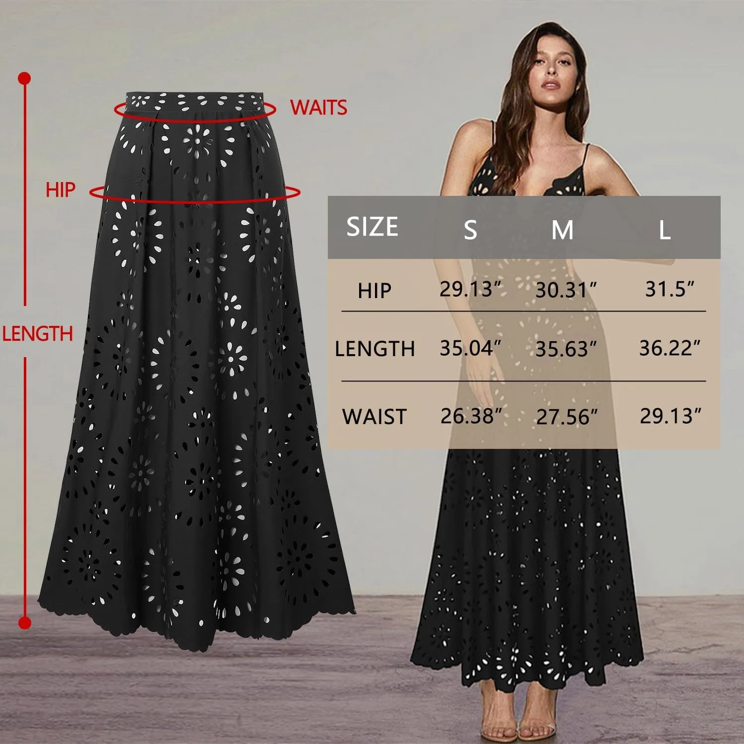 Ypser Eyelet Beach Maxi Skirt A-Line Hollow Out Long Skirt Cover Up for Swimsuits 2025