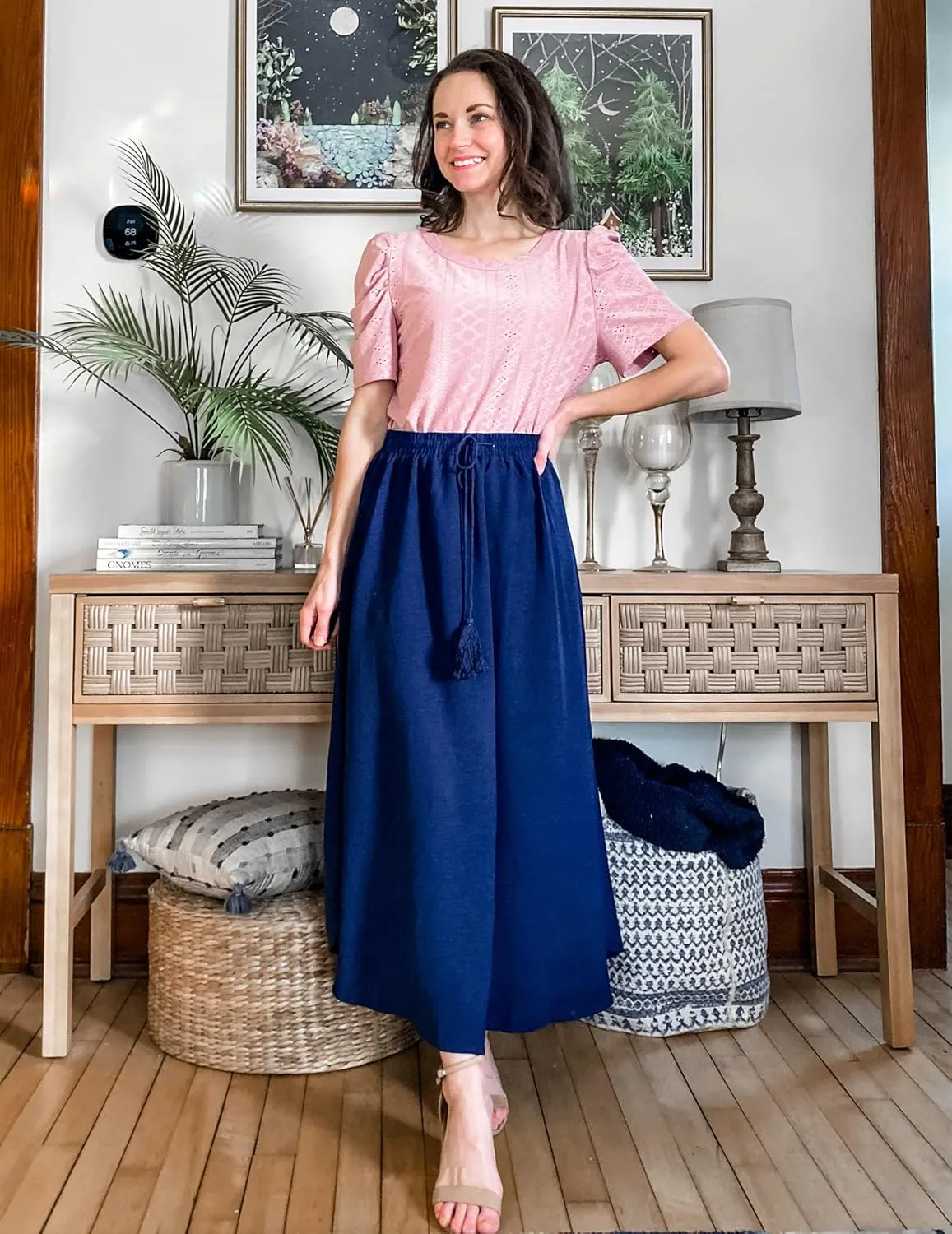 Zeagoo Womens Flowy Pleated Skirts A Line Elastic High Waisted Midi Skirt Boho Casual Long Skirts Brown Leaf Print XXL