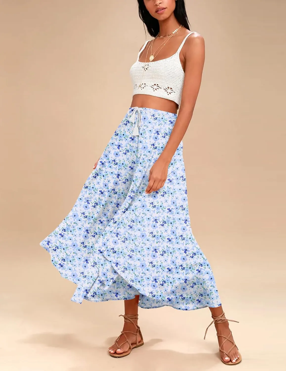 Zeagoo Womens Flowy Pleated Skirts A Line Elastic High Waisted Midi Skirt Boho Casual Long Skirts Brown Leaf Print XXL