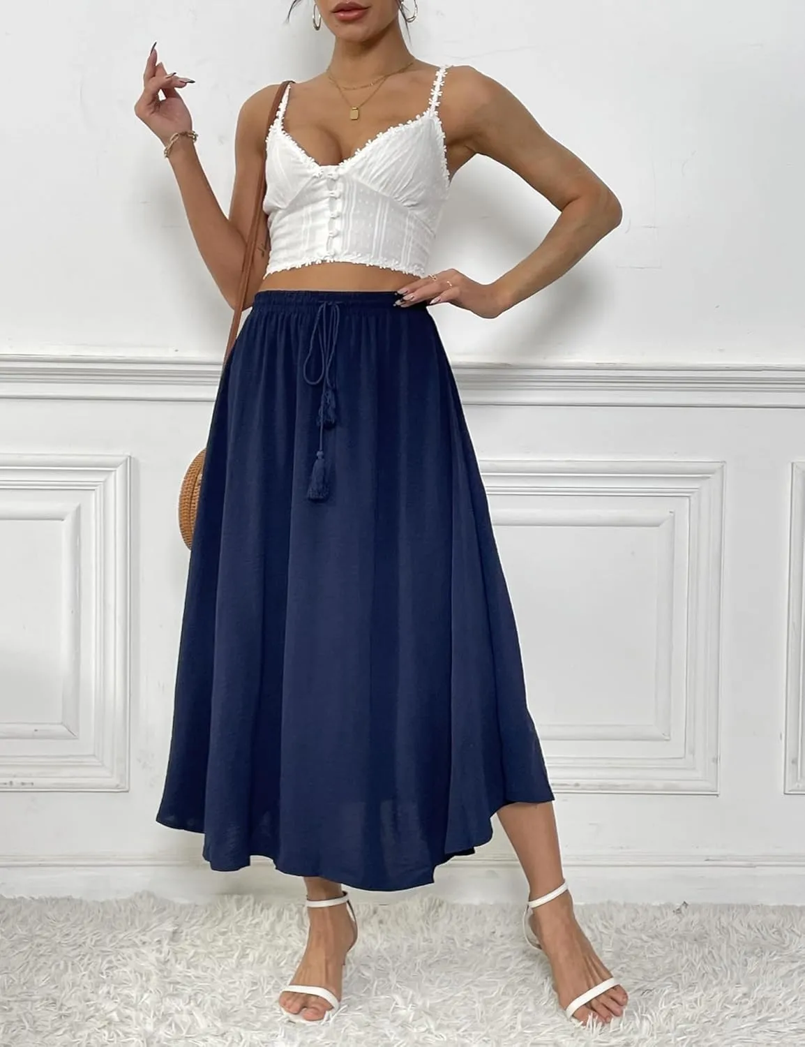 Zeagoo Womens Flowy Pleated Skirts A Line Elastic High Waisted Midi Skirt Boho Casual Long Skirts Brown Leaf Print XXL