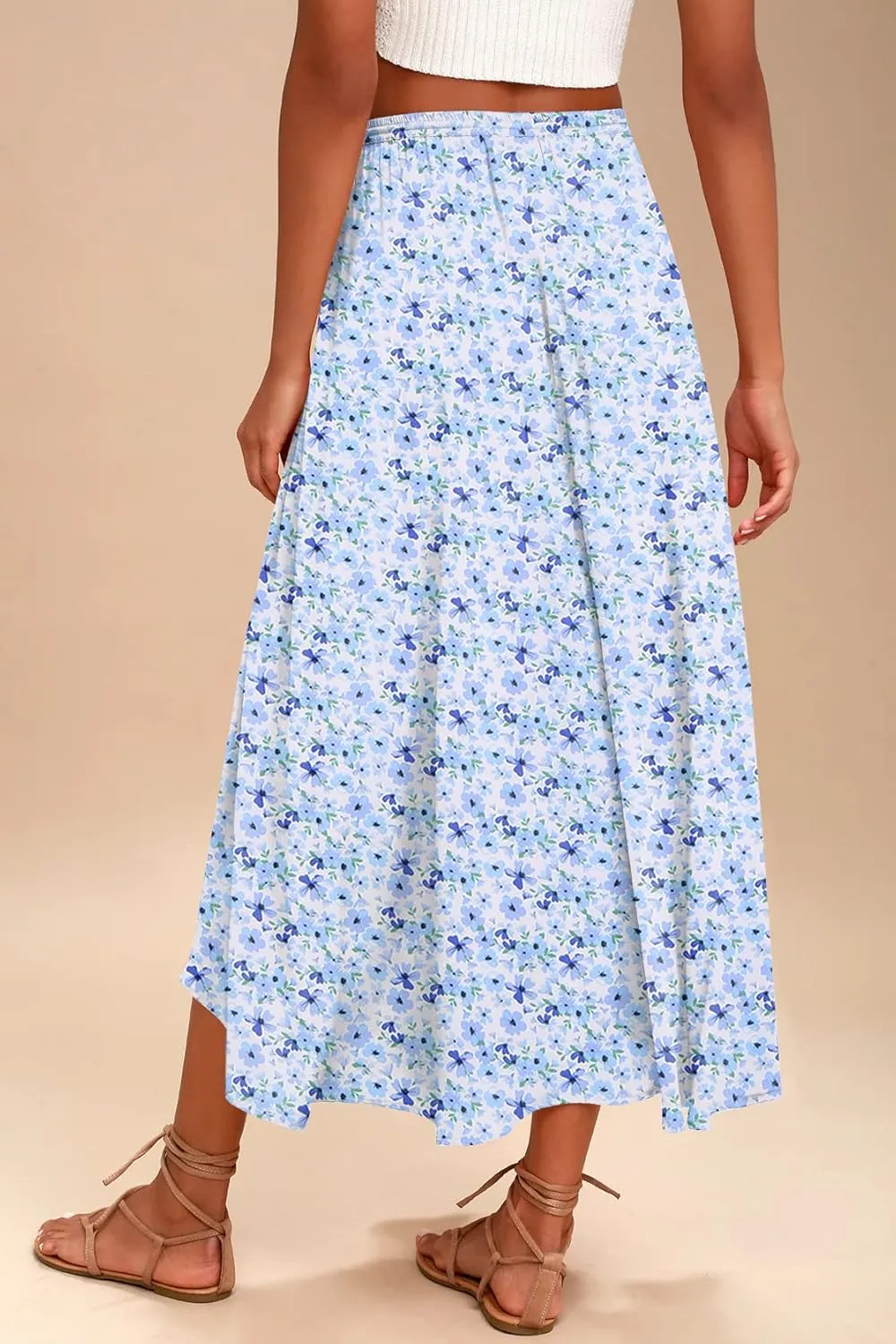 Zeagoo Womens Flowy Pleated Skirts A Line Elastic High Waisted Midi Skirt Boho Casual Long Skirts Brown Leaf Print XXL