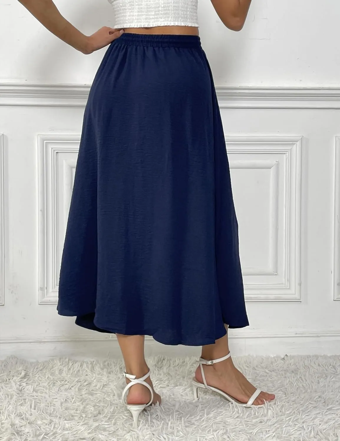 Zeagoo Womens Flowy Pleated Skirts A Line Elastic High Waisted Midi Skirt Boho Casual Long Skirts Brown Leaf Print XXL