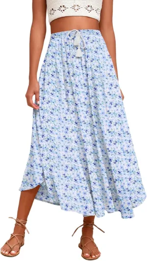 Zeagoo Womens Flowy Pleated Skirts A Line Elastic High Waisted Midi Skirt Boho Casual Long Skirts Brown Leaf Print XXL