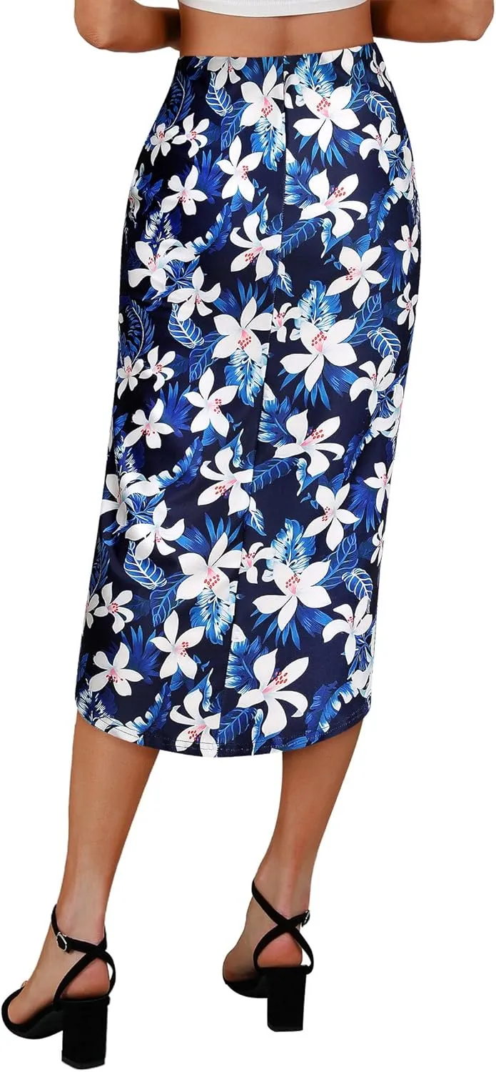 ZXZY Women Pleated Skirts Midi Length Ruched Bodycon Split Wrap Hawaiian Dresses for Women