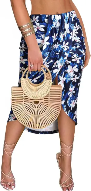 ZXZY Women Pleated Skirts Midi Length Ruched Bodycon Split Wrap Hawaiian Dresses for Women