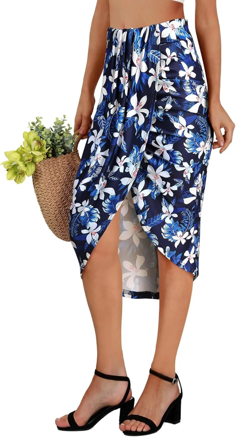 ZXZY Women Pleated Skirts Midi Length Ruched Bodycon Split Wrap Hawaiian Dresses for Women